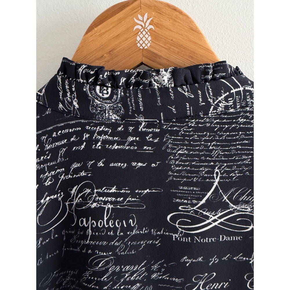 Tahari French Script Postmark Print Ruffle Cuff Blouse Black White Long Sleeve - Picture 5 of 11